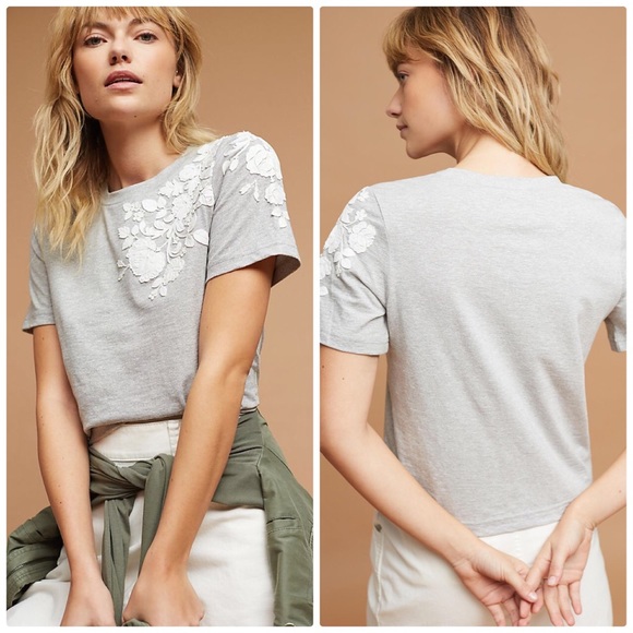 Anthropologie Tops - Anthropologie Grey Blanche Embroidered Tee Medium